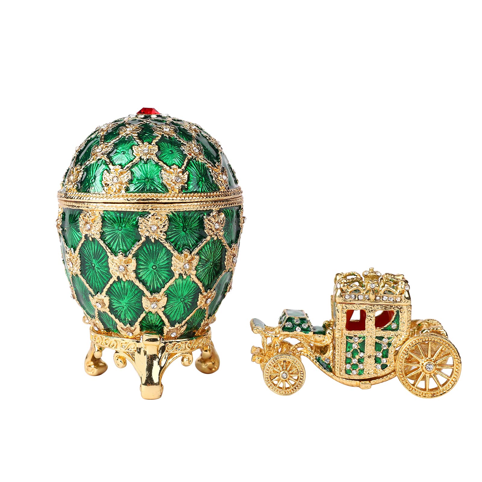 QIFU Vintage Green Faberge Egg Style Jewelry Trinket Box with Mini Royal Carriage, Unique Gift for Easter Collection