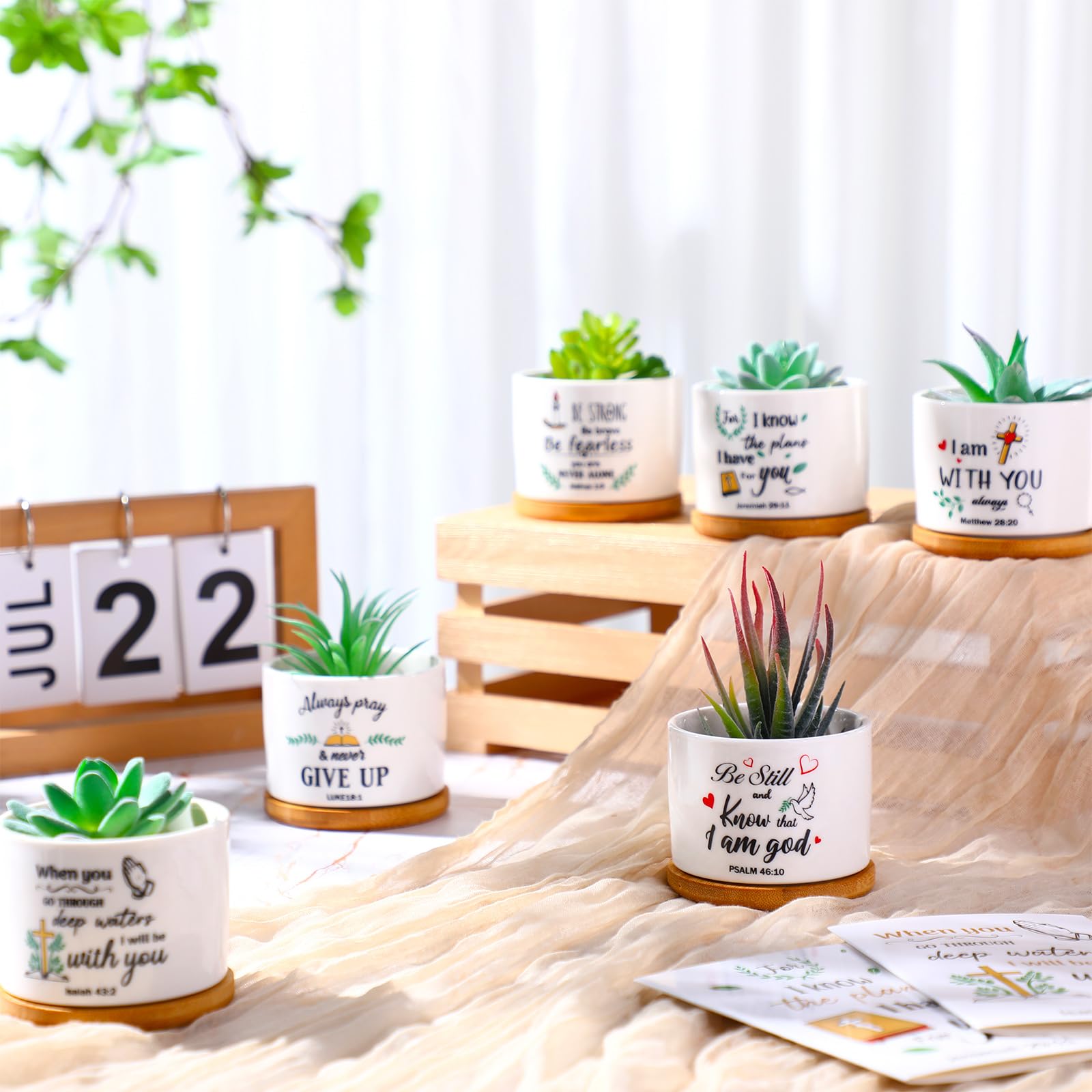 Junkin 12 Pcs Thank You Gift Employee Teacher Appreciation Gifts Ceramic Plant Succulent Pots with Bamboo Tray Christian Bible Verse Gifts Set Card for Easter(Plant is not Included)(Stylish)