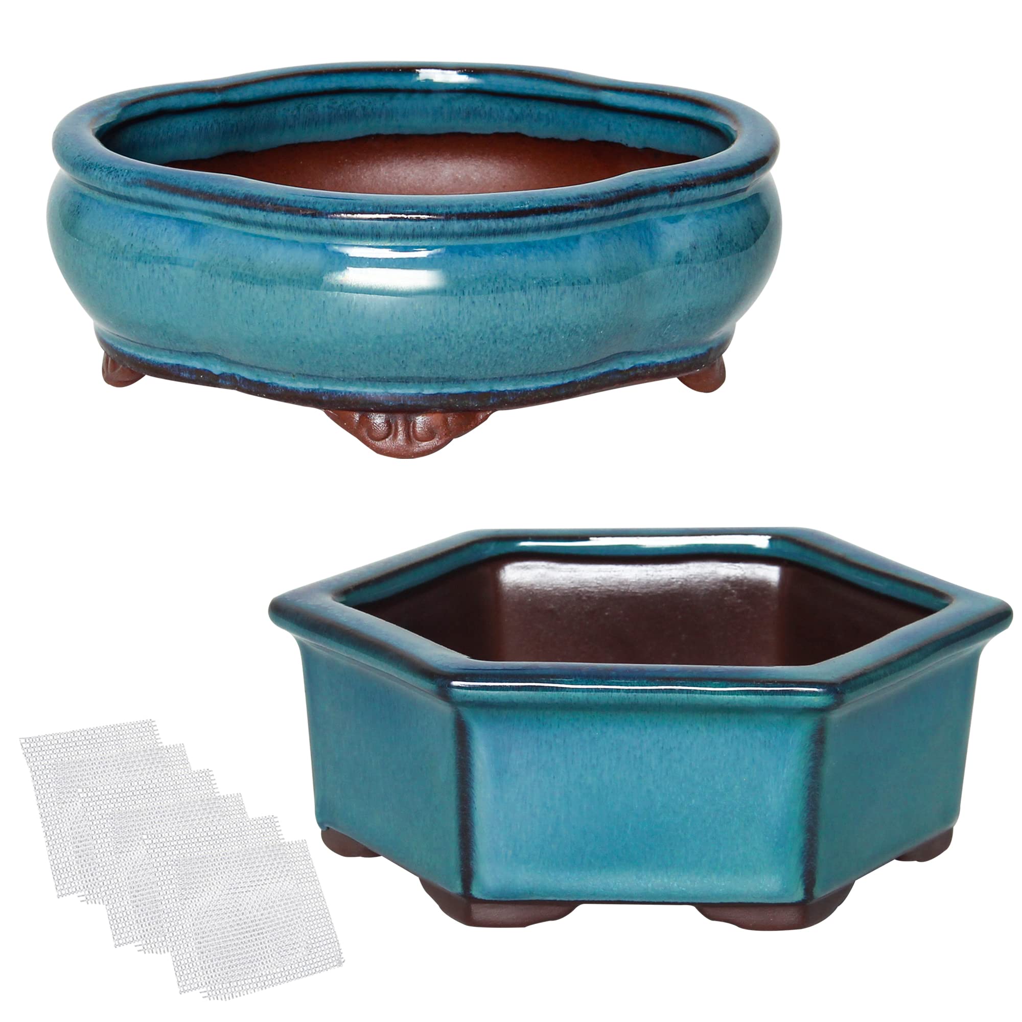 Happy Bonsai 5.7" 6.1" Small Glazed Pots Set of 2 + 6 Soft Mesh Drainage Screens