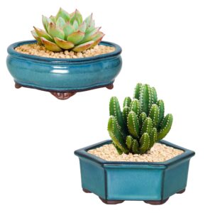 Happy Bonsai 5.7" 6.1" Small Glazed Pots Set of 2 + 6 Soft Mesh Drainage Screens