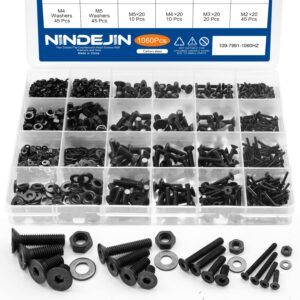 NINDEJIN Hex Socket Flat Head Screw M2 M3 M4 M5 Bolts Nuts and Washer Assortment Kit, 1060PCS Metric Screws with 4PCS Allen Wrenches, Small Black Machine Screws Set, 12.9 Carbon Steel