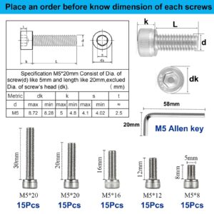 HanTof 75Pcs Hex Socket Head Cap Screws Bolts, 304 (18-8) Stainless Steel, Metric M5 x 8/12/16/20/30mm Allen Head Hex Drive Machine Screws Set with Hex Wrenches, Fully Threaded Pitch: 0.8mm