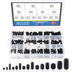 Glarks 450Pcs M3/M4/M5/M6/M8 Allen Head Socket Set Screw, 12.9 Class Black Alloy Steel Internal Hex Drive Grub Screw Assortment Kit