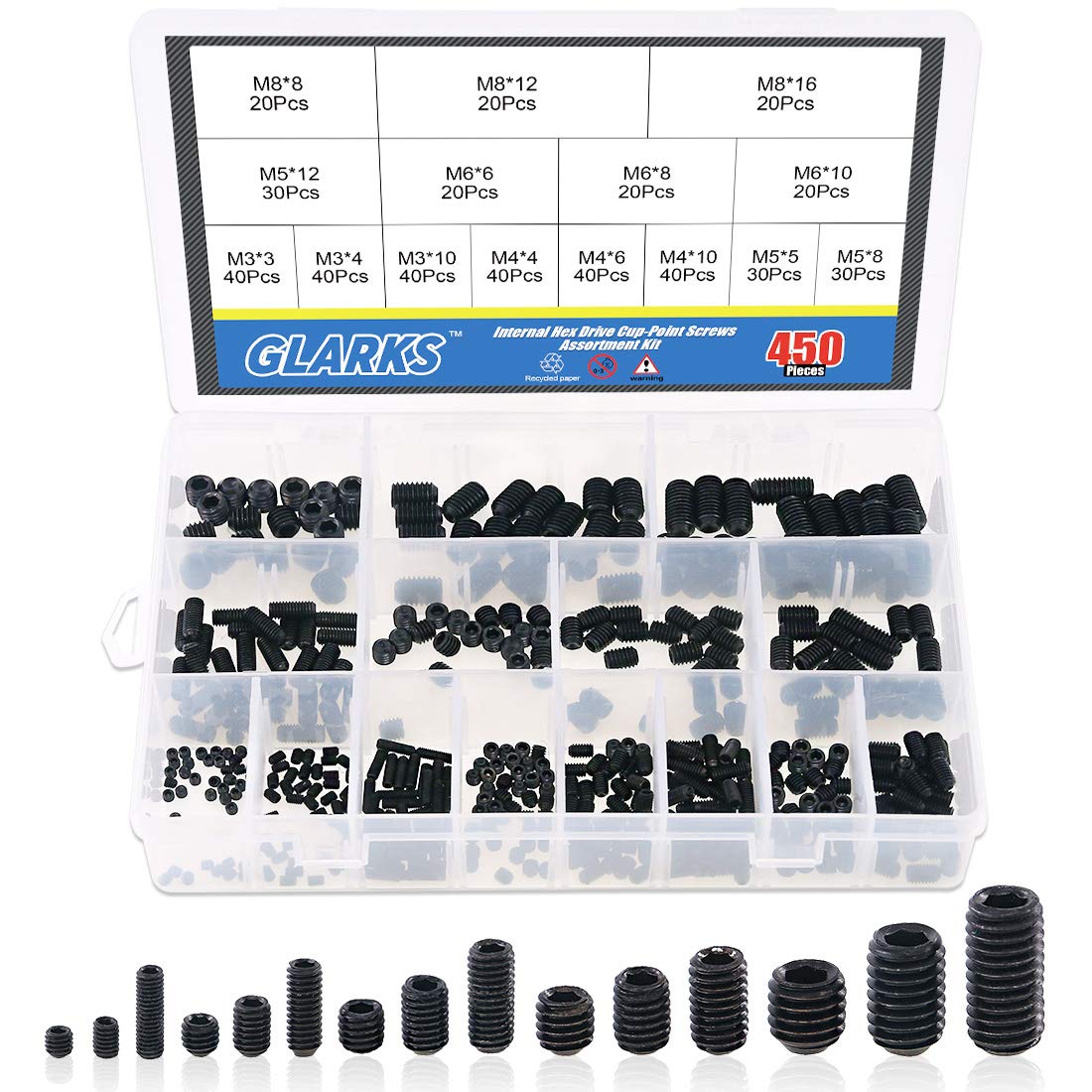 Glarks 450Pcs M3/M4/M5/M6/M8 Allen Head Socket Set Screw, 12.9 Class Black Alloy Steel Internal Hex Drive Grub Screw Assortment Kit