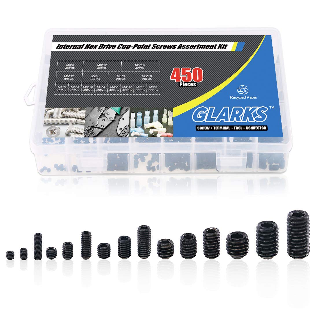 Glarks 450Pcs M3/M4/M5/M6/M8 Allen Head Socket Set Screw, 12.9 Class Black Alloy Steel Internal Hex Drive Grub Screw Assortment Kit