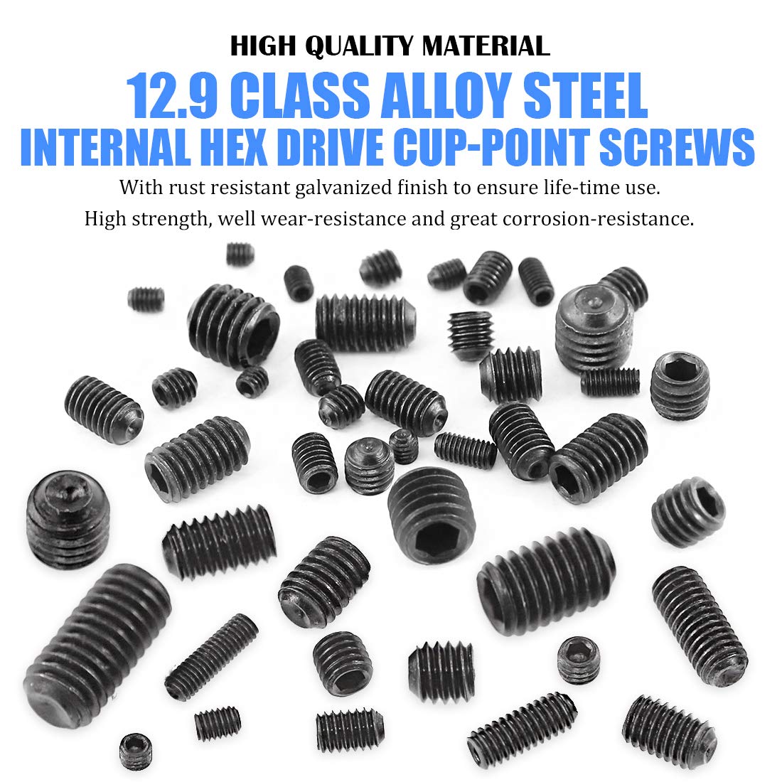 Glarks 450Pcs M3/M4/M5/M6/M8 Allen Head Socket Set Screw, 12.9 Class Black Alloy Steel Internal Hex Drive Grub Screw Assortment Kit