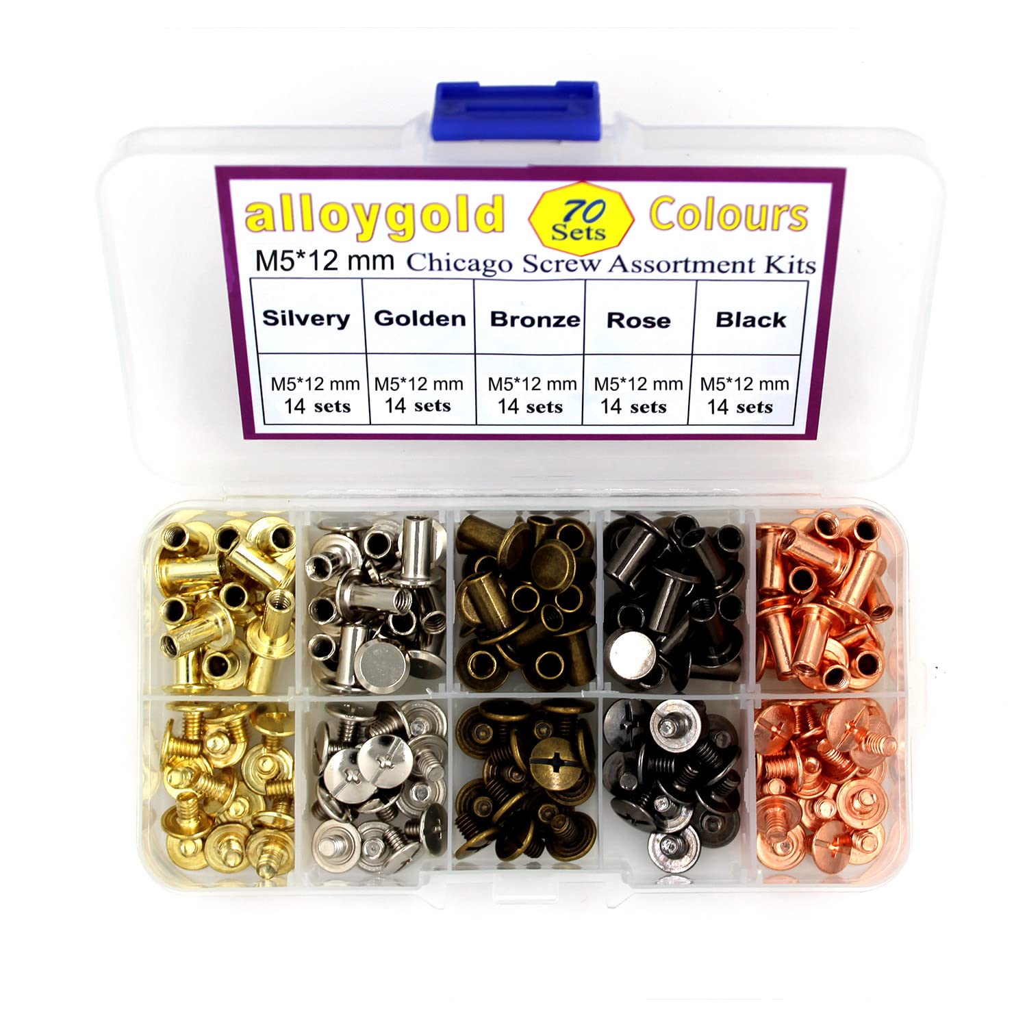 Alloygold 70 Sets Chicago Screw 1/2 inches Kit 5 Color Leather Rivets Screw Rivets Chicago Screw Buttons DIY Leather Trim Black Silver Gold Copper Rose Gold （M5*12）