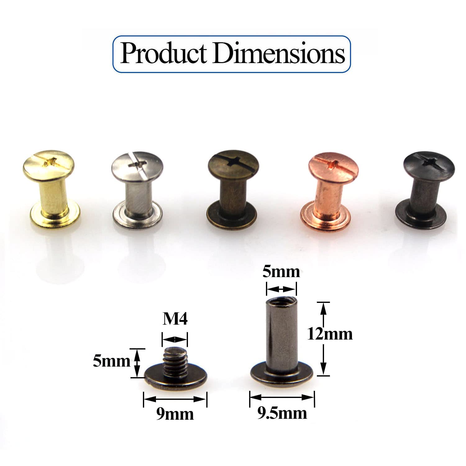 Alloygold 70 Sets Chicago Screw 1/2 inches Kit 5 Color Leather Rivets Screw Rivets Chicago Screw Buttons DIY Leather Trim Black Silver Gold Copper Rose Gold （M5*12）