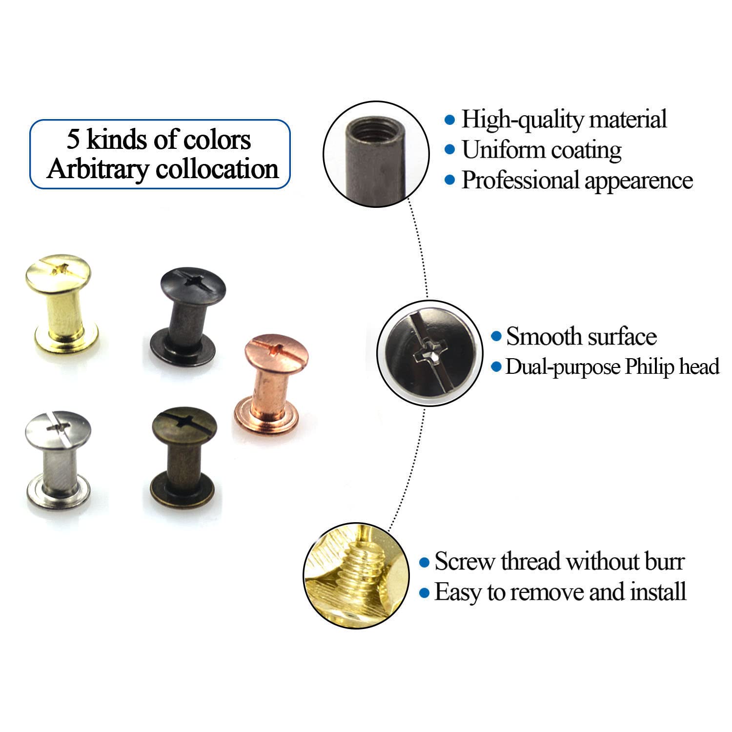 Alloygold 70 Sets Chicago Screw 1/2 inches Kit 5 Color Leather Rivets Screw Rivets Chicago Screw Buttons DIY Leather Trim Black Silver Gold Copper Rose Gold （M5*12）