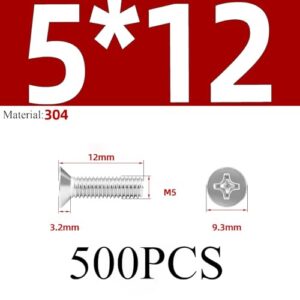 COYOUCO 500 PCS M5 X 6/8/10/12 Mm Flat Countersunk Head Machine Screws, Phillips Drive, 304 Stainless Steel, Full Thread,M5*12 500