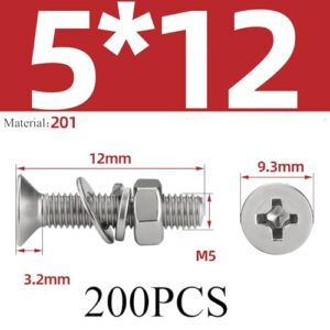 COYOUCO 200PCS M5X6/8/10/12/14Mm Flat Head Machine Screw Cross Recessed Threaded Countersunk Screw Bolt Nuts Flat Lock Washer201stainless Steel,M5*12 200