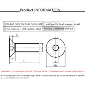 Tapping Screws,Screw Bolt,Black 304 Stainless Steel Countersunk Head Socket Head Cap Screws, M2M2.5M3M4M5M6 Flat Head Hex Socket Head Cap Screws, Small Screws,M4*6(50pcs) (Color : M5*12(20pcs))