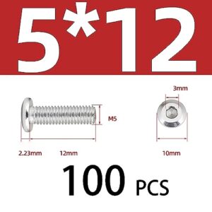 COYOUCO 100 Pcs M4 X 10/12/14/15Mm Metric Hex Socket Countersunk Flat Head Screw Bolts - 304 Stainless Steel,M5*12 100