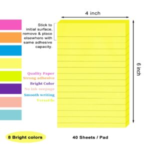 (8 Pack) Lined Sticky Notes 4X6 in Post, 8 Bright Colors Large Ruled Post Sticky Colorful Super Sticking Power Memo Pads Strong Adhesive,Sticky Notes Lined for Office, Home, School, 40 Sheets/pad