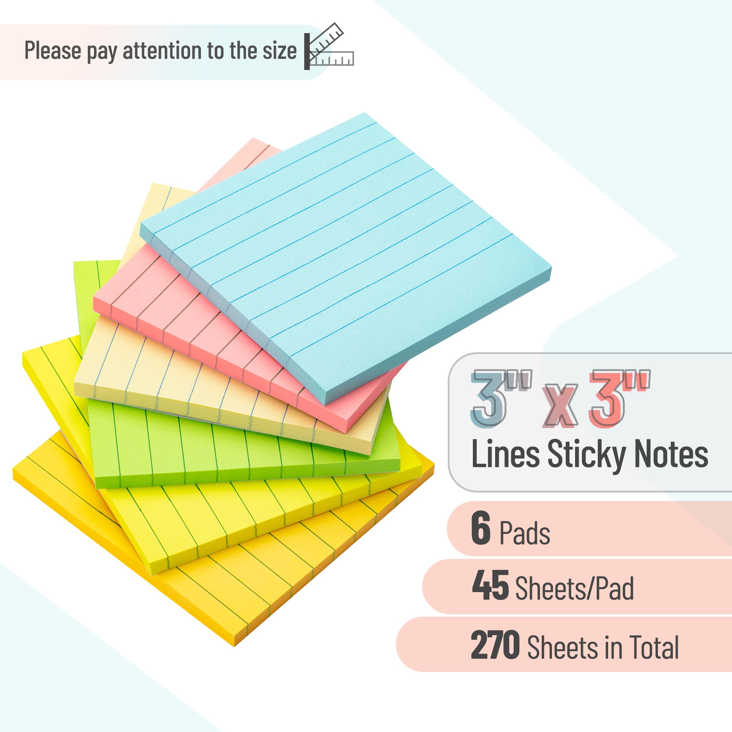 Mr. Pen- Lined Sticky Notes 3x3, 6 Pads, 45 Sheet/Pads, Pastel Colors, Sticky Notes with Lines, Sticky Note Pads, Sticky Pads, Sticky Notes Lined, Colorful Sticky Notes, Mr Pen Sticky Notes