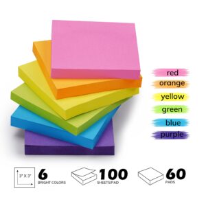 Sticky Notes Bulk, Ezzgol 60 Pads Sticky Notes, 3 X 3 Inch, 100 Sheets/Pad, Assorted Bright Colors Sticky Notes Pack,Great Sticking Power