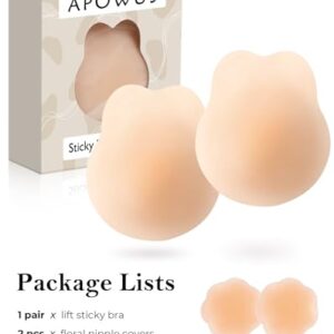 APOWUS Lift Ultra-Thin Sticky Bra,Adhesive Bras Push Up Invisible, Backless Strapless Bra Pasties Nipple Covers (L/XL Fit D/D+ Warm Crème)
