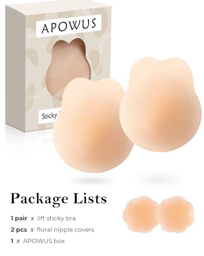 APOWUS Lift Ultra-Thin Sticky Bra,Adhesive Bras Push Up Invisible, Backless Strapless Bra Pasties Nipple Covers (L/XL Fit D/D+ Warm Crème)