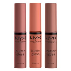 nyx professional makeup butter gloss brown sugar, non-sticky lip gloss - pack of 3 (sugar high, spiked toffee, butterscotch)