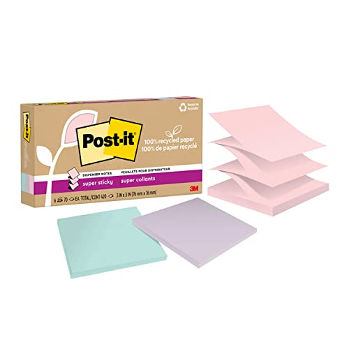 Post-it 100% Recycled Paper Super Sticky Pop-up Notes, 2X the Sticking Power, 3x3 in, 6 Pads/Pack, Wanderlust Pastels Collection