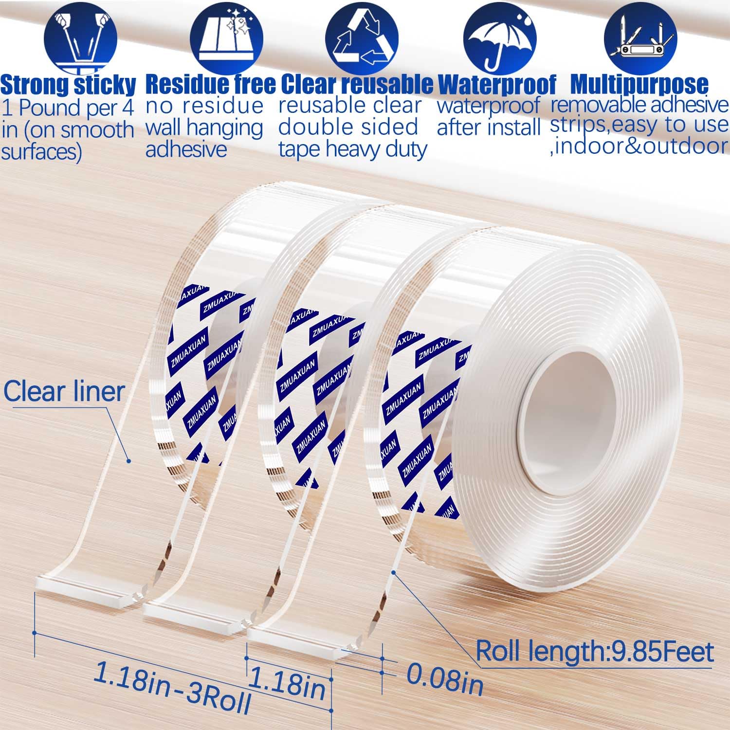 ZMUAXUAN Clear Double Sided Adhesive Mounting Tape Heavy Duty Removable,Strong Picture Hanging Strips Wall Hangers,Sticky Tack Gel Putty Glue for Poster,Photo,Mirror,Carpet(9.85 Ft-3 Pack)