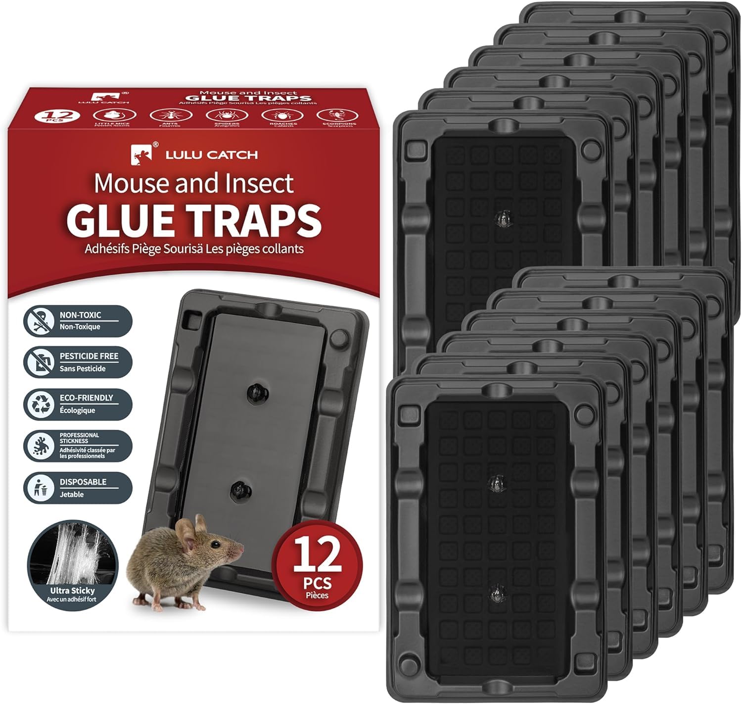 LULUCATCH Mouse & Insect Traps 12 Pack, Heavier Sticky Traps with Non-toxic Glue for Small Mice & Insects. Sticky Mouse Traps Indoor, Easy to Set, Safe to Children & Pets