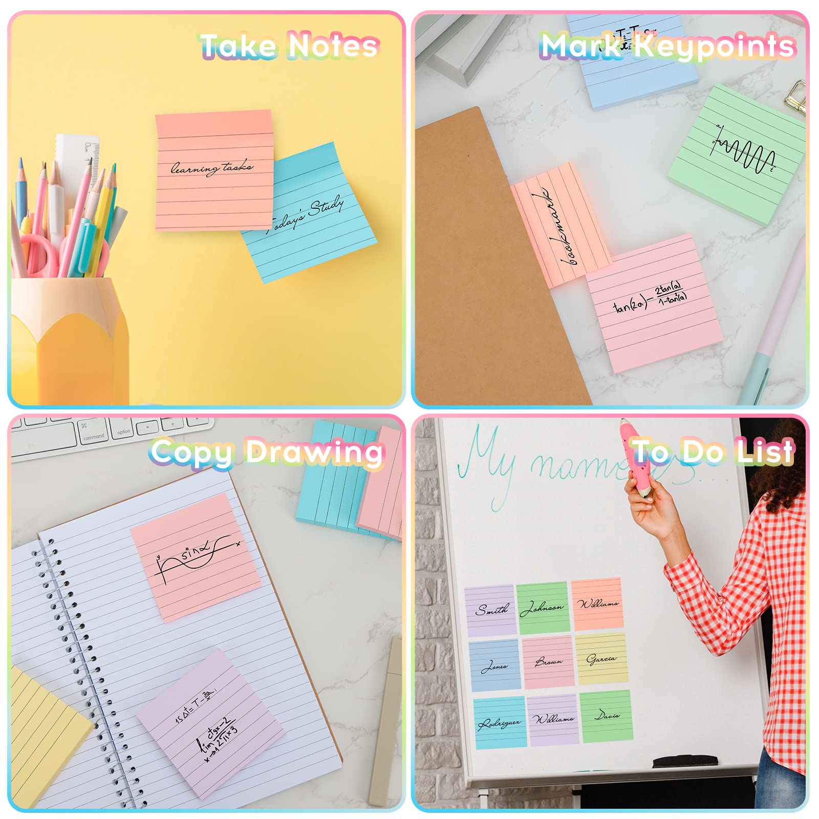 EOOUT Lined Sticky Notes 3x3, 8 Pads, 800 Sheets in Total, Super Adhesive Memo Pads, Easy to Post Notes for Study, Work, and Daily Life