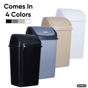 Superio Kitchen Trash Can 13 Gallon with Swing Lid, Plastic Tall Garbage Can Outdoor and Indoor, Large 52 Qt Recycle Bin and Waste Basket for Home, Office, Garage, Patio, Restaurant (White)