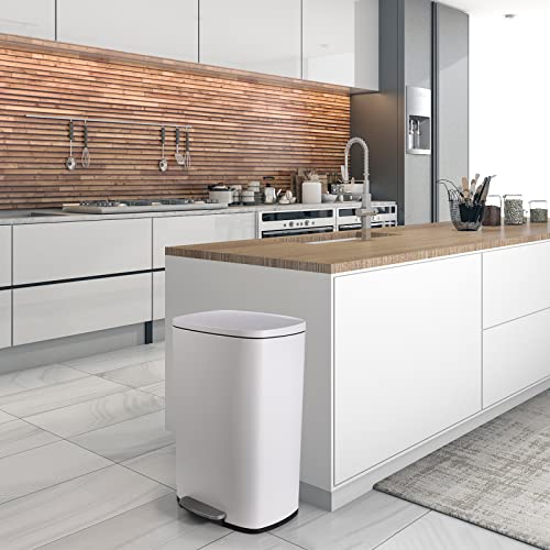 Arlopu 8/13.2 Gallon Step Trash Can, Stainless Steel Garbage Bin, Soft-Close Rubbish Bin with Removable Plastic Inner Bucket, Fingerprint-Proof, Lid Dustbin, Suit for Kitchen Home (White, 50L)