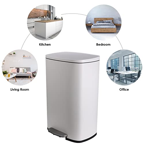 Arlopu 8/13.2 Gallon Step Trash Can, Stainless Steel Garbage Bin, Soft-Close Rubbish Bin with Removable Plastic Inner Bucket, Fingerprint-Proof, Lid Dustbin, Suit for Kitchen Home (White, 50L)