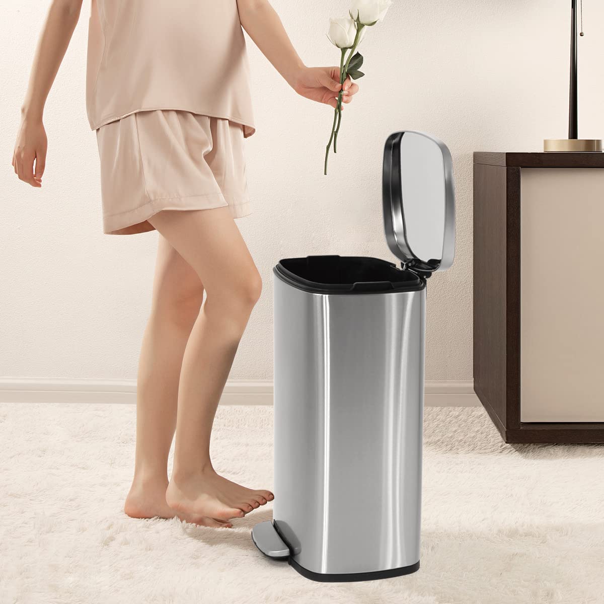 Bigacc Kitchen Trash Can Large Garbage Can 13 Gallon Trash Can with Lid Stainless Steel Step Trash Can 50L Wastebasket for Kitchen Bathroom Trash can, Silver/Nickel