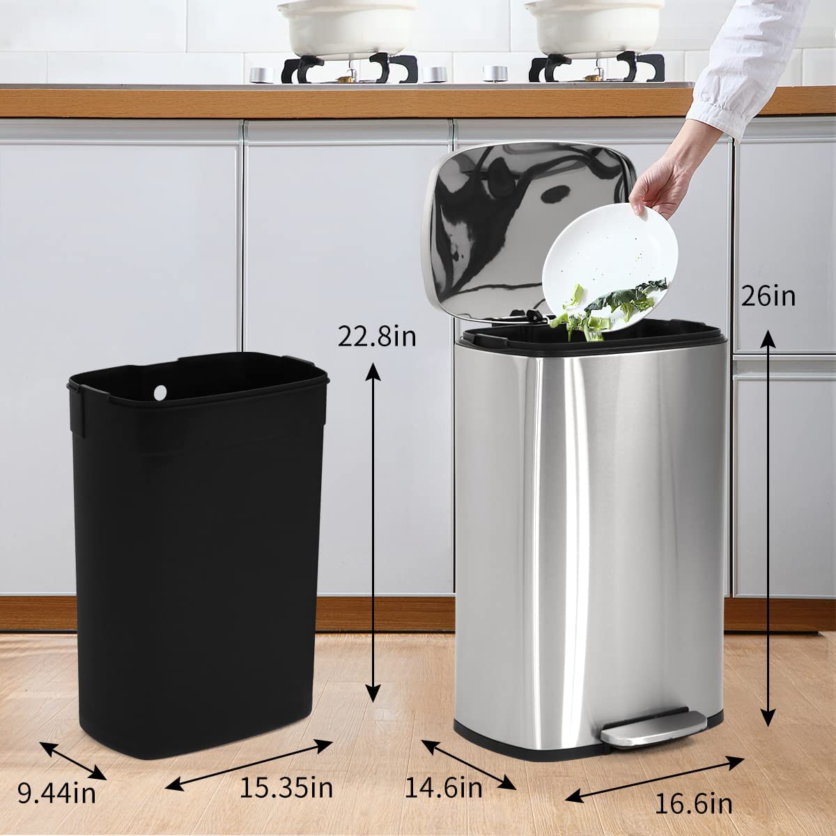 Bigacc Kitchen Trash Can Large Garbage Can 13 Gallon Trash Can with Lid Stainless Steel Step Trash Can 50L Wastebasket for Kitchen Bathroom Trash can, Silver/Nickel