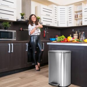 Bigacc Kitchen Trash Can Large Garbage Can 13 Gallon Trash Can with Lid Stainless Steel Step Trash Can 50L Wastebasket for Kitchen Bathroom Trash can, Silver/Nickel