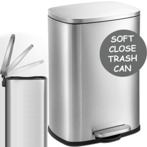 homie 13 gallon kitchen trash can soft close with anti - bag slip liner and lid, use as garbage basket, tall dust bin, or decor in bathroom, restroom, kitchen, or bedroom (brushed stainless steel)