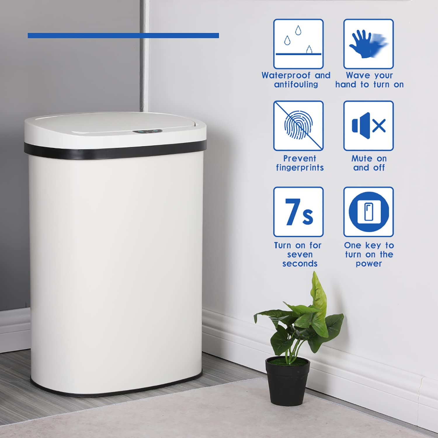 HHS 13 Gallon (50L) Trash Can Stainless Steel Motion Sensor Kitchen Garbage Can with Lid Fingerprint Proof Touch Free High-Capacity Rubbish Bin for Home Kitchen and Office, White…