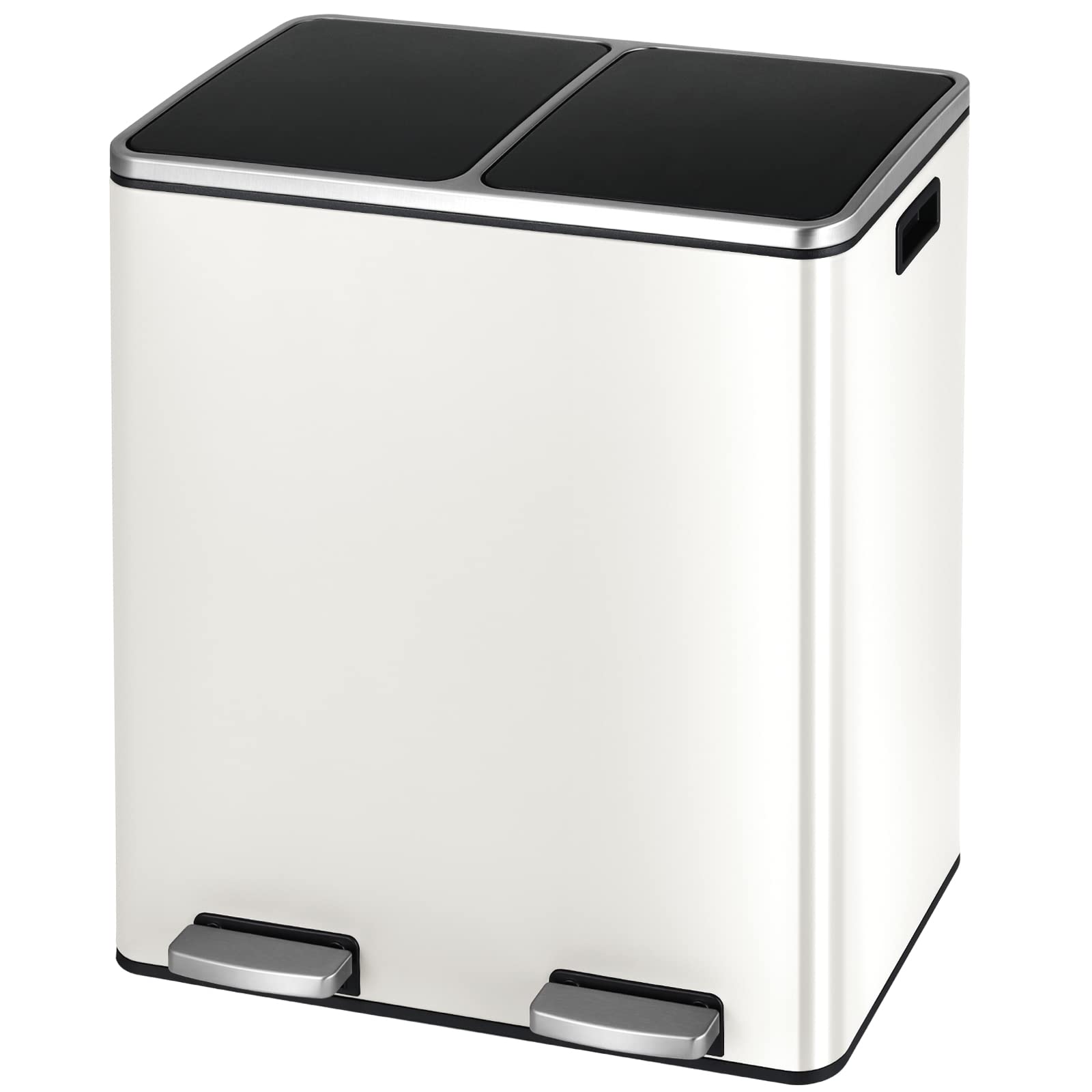 Arlopu 16 Gallon Stainless Steel Trash Can, 60L Dual Compartment, Metal Kitchen Step Recycle Bin, Metal Double Dustbin, in-Home Garbage Rubbish Can W/Removable Liner Buckets,