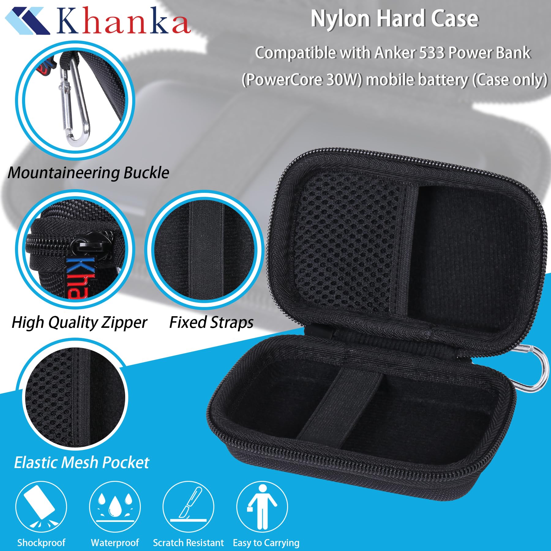 khanka Hard Travel Case for Anker 3-in-1 Fast Charging Charger with Built-in USB-C Cable/Anker 533 Power Bank/Anker Nano Power Bank,10000mAh Portable Charger (PD 30W max. Leistung),Case Only(Black)