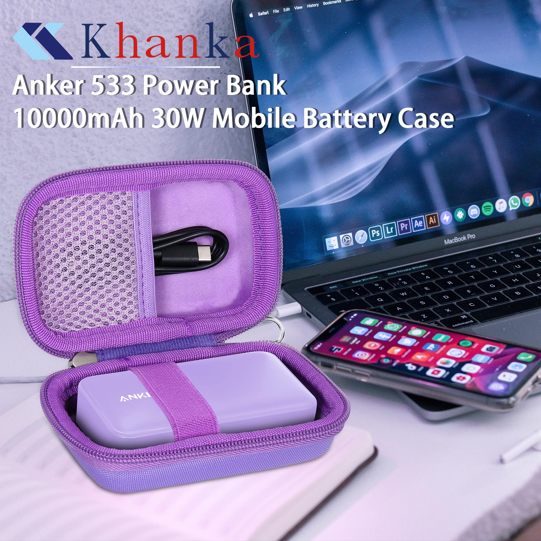 khanka Hard Travel Case for Anker 3-in-1 Fast Charging Charger with Built-in USB-C Cable/Anker 533 Power Bank/Anker Nano Power Bank,10000mAh Portable Charger (PD 30W max. Leistung),Case Only(Purple)