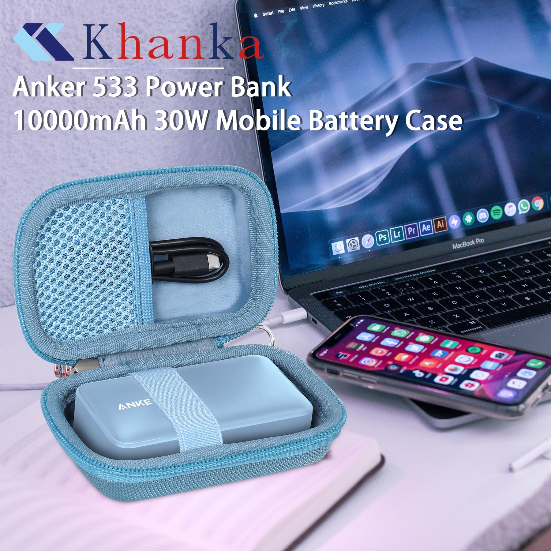 khanka Hard Travel Case for Anker 3-in-1 Fast Charging Charger with Built-in USB-C Cable/Anker 533 Power Bank/Anker Nano Power Bank,10000mAh Portable Charger (PD 30W max. Leistung),Case Only（Blue）