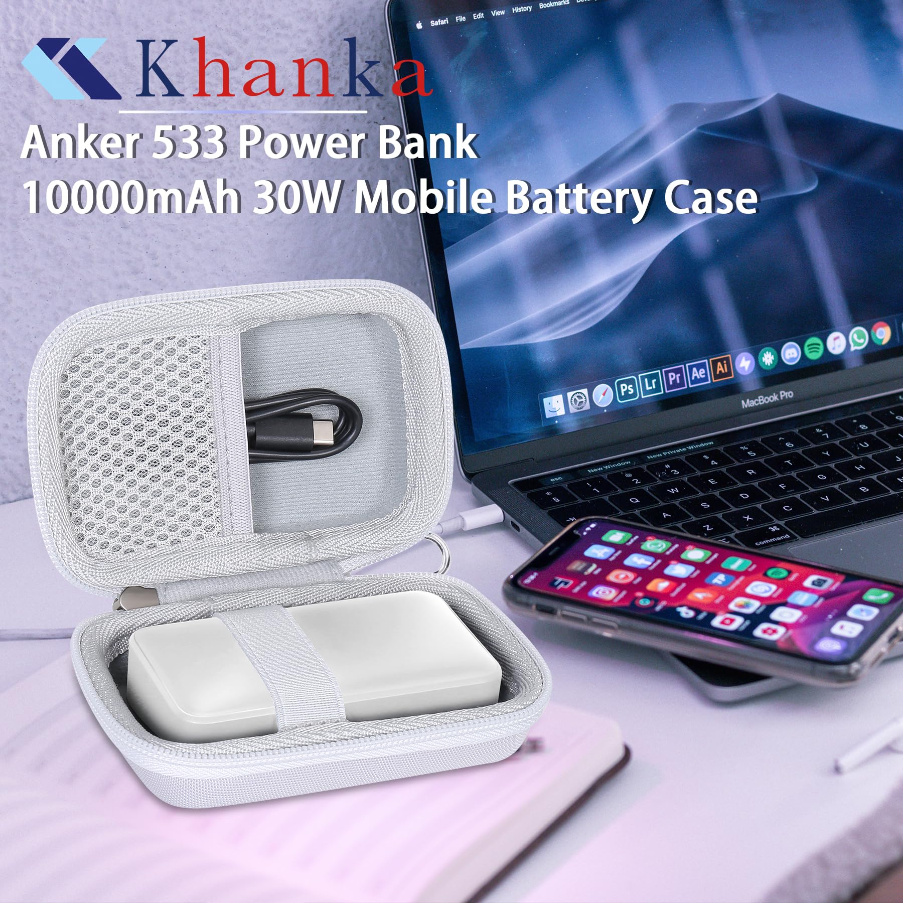 khanka Hard Travel Case for Anker 3-in-1 Fast Charging Charger with Built-In USB-C Cable/Anker 533 Power Bank/Anker Nano Power Bank,10000mAh Portable Charger (PD 30W max. Leistung),Case Only（White）