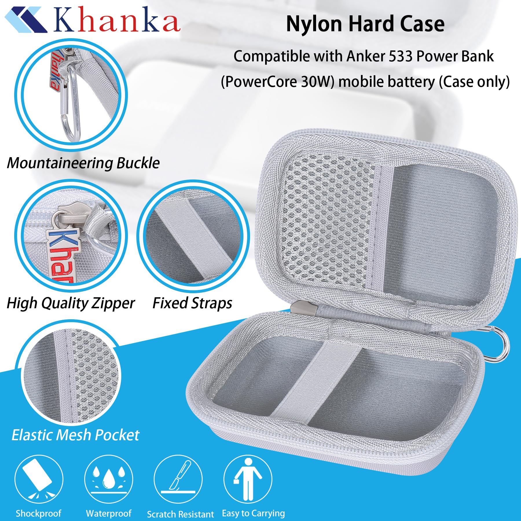 khanka Hard Travel Case for Anker 3-in-1 Fast Charging Charger with Built-In USB-C Cable/Anker 533 Power Bank/Anker Nano Power Bank,10000mAh Portable Charger (PD 30W max. Leistung),Case Only（White）