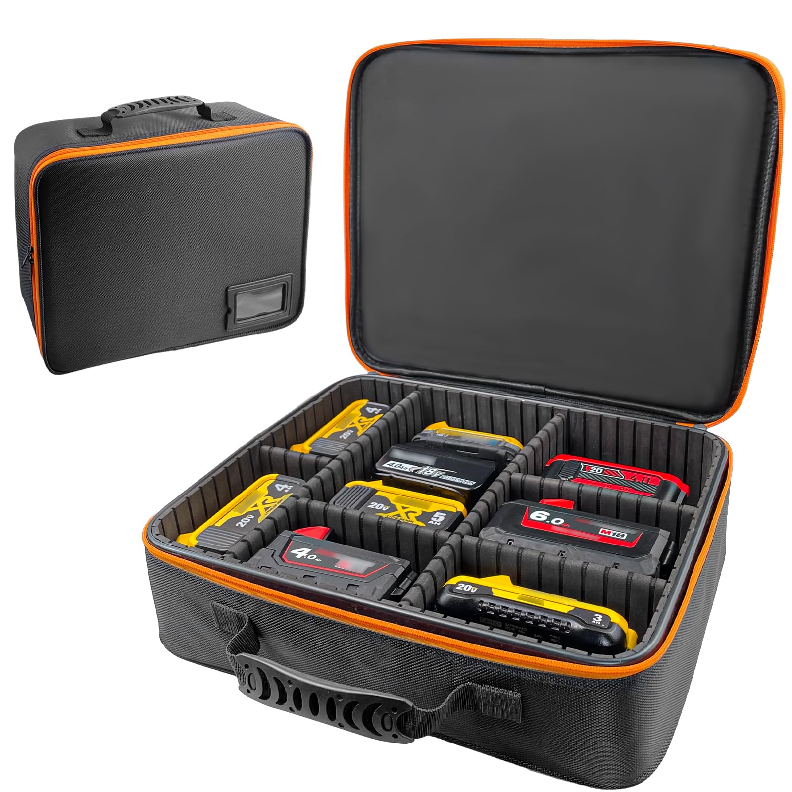 Portable Tool Battery Hard Carrying Case fits for Dewalt/Milwaukee/Makita/Ryobi 12V/18V/20V Battery & Charger,Power Tool Box Storage Bag with Adjustable Dividers for Small Parts & Hardware Organizer