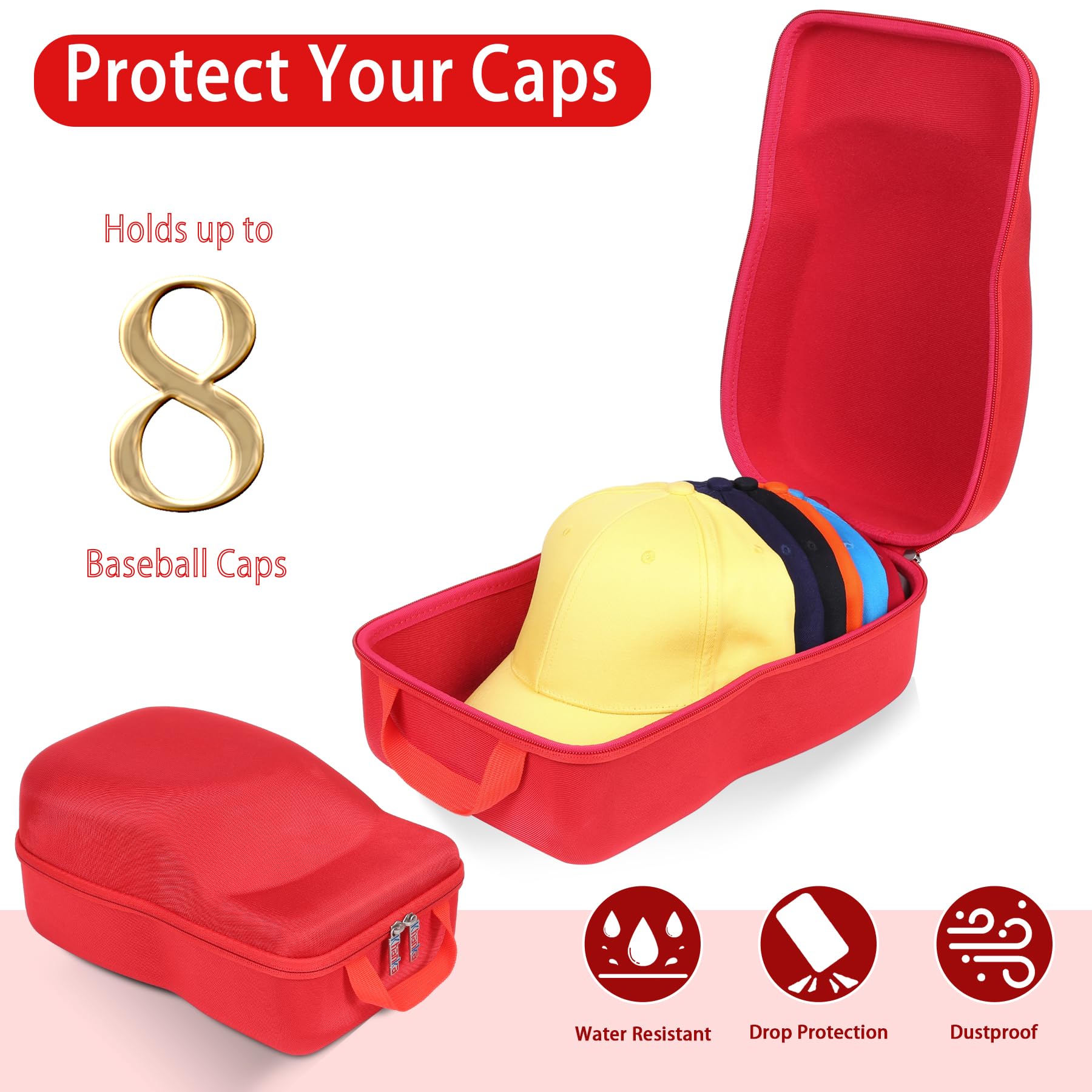 khanka Hard Storage Carrying Case Compatible with Baseball Caps This Organizer Holder Protects up to 8 Hats (Red)