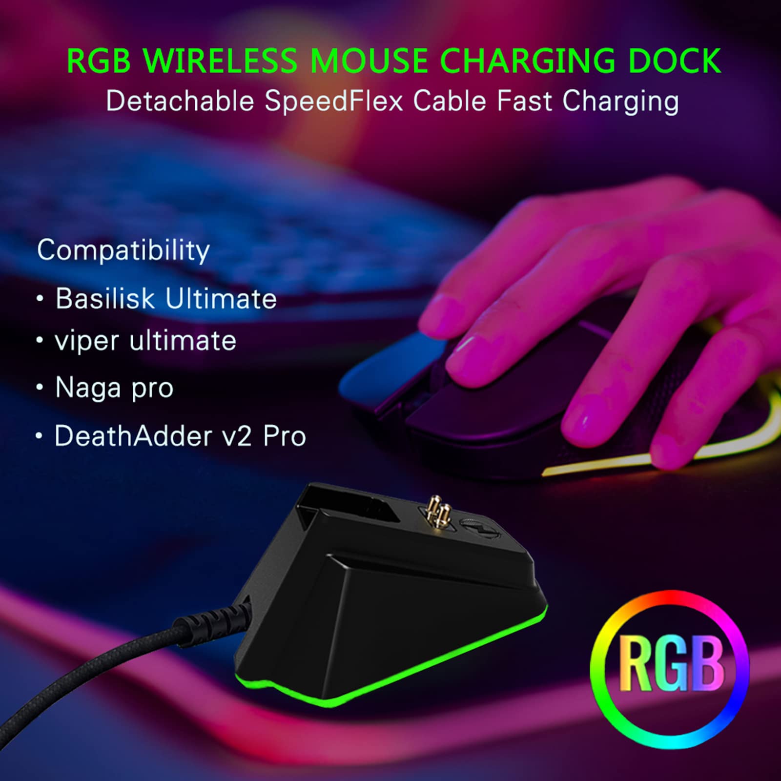 Mouse Charging Dock for Razer Wireless Mouse Viper Ultimate Naga pro DeathAdder V2 Pro and Basilisk Ultimate Magnetic Charging RGB Lights Status Indicator Gecko Feet (RGB)