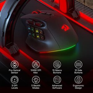 Redragon M811 Aatrox MMO Gaming Mouse, 15 Programmable Buttons Wired RGB Gamer Mouse w/Ergonomic Natural Grip Build, 10 Side Macro Keys, Software Supports DIY Keybinds & Backlit