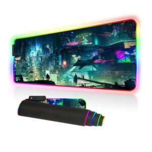 imegny rgb mousepad large, led gaming mouse pad oversized glowing mat colorful soft mat for mice computer keyboard with non-slip rubber base water-resistant (80x30 rgbgreencity)