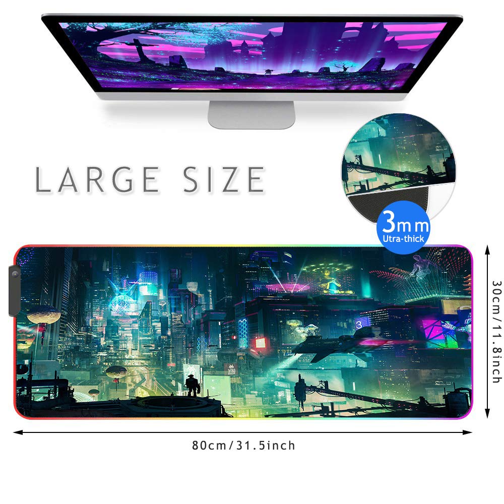 Imegny RGB Mousepad Large, Led Gaming Mouse Pad Oversized Glowing Mat Colorful Soft Mat for Mice Computer Keyboard with Non-Slip Rubber Base Water-Resistant (80x30 rgbgreencity)