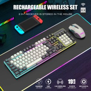 RedThunder K10 Wireless Gaming Keyboard and Mouse Combo, LED Backlit Rechargeable 3800mAh Battery, Mechanical Feel Anti-ghosting Keyboard + 7D 3200DPI Mice for PC Gamer (White-Gray)