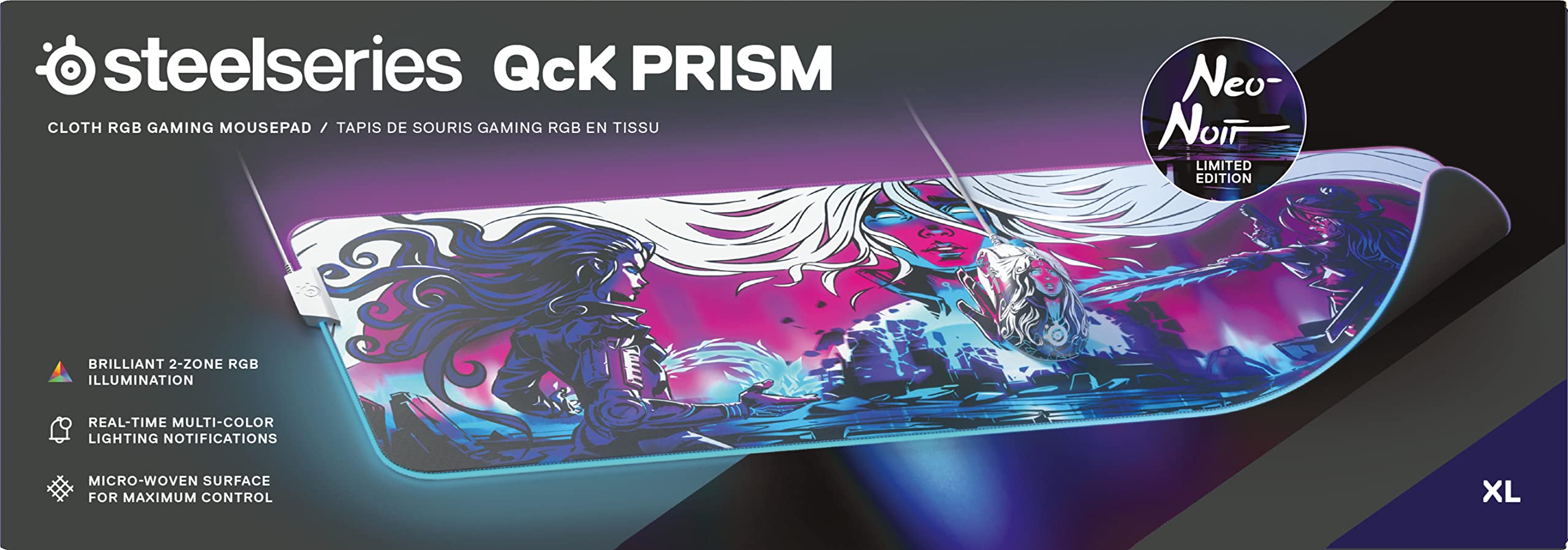 SteelSeries QcK Prism Gaming Mouse Pad - 2-Zone RGB Illumination - Real-time Event Lighting - Optimized for Gaming Sensors - Size XL - Neo Noir