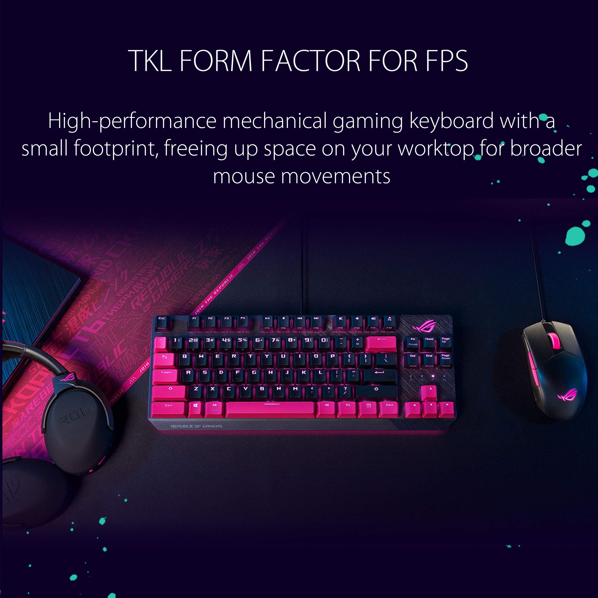 ASUS ROG Strix Scope TKL Electro Punk Mechanical Gaming Keyboard, Cherry MX Red Switches, 2X Wider Ctrl Key for Greater FPS Precision, Gaming Keyboard for PC, Aura Sync RGB Lighting, Quick-Toggle,Pink